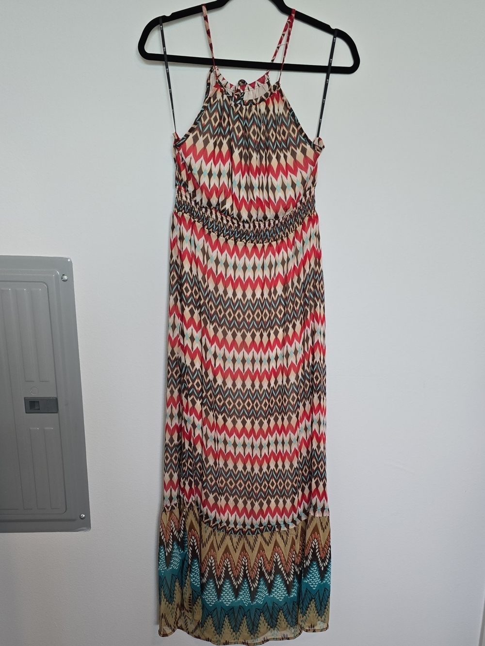 Forever 21 Red, Tan & Blue Tribal-Print Sleeveless Maxi Dress